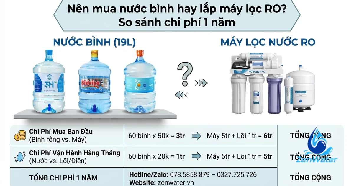 Nên mua nước bình hay lắp máy lọc RO? So sánh chi phí 1 năm 3 Nên mua nước bình hay lắp máy lọc RO? So sánh chi phí 1 năm