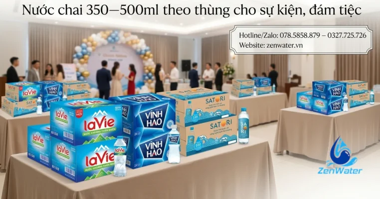 Nước chai 350–500ml theo thùng cho sự kiện, đám tiệc